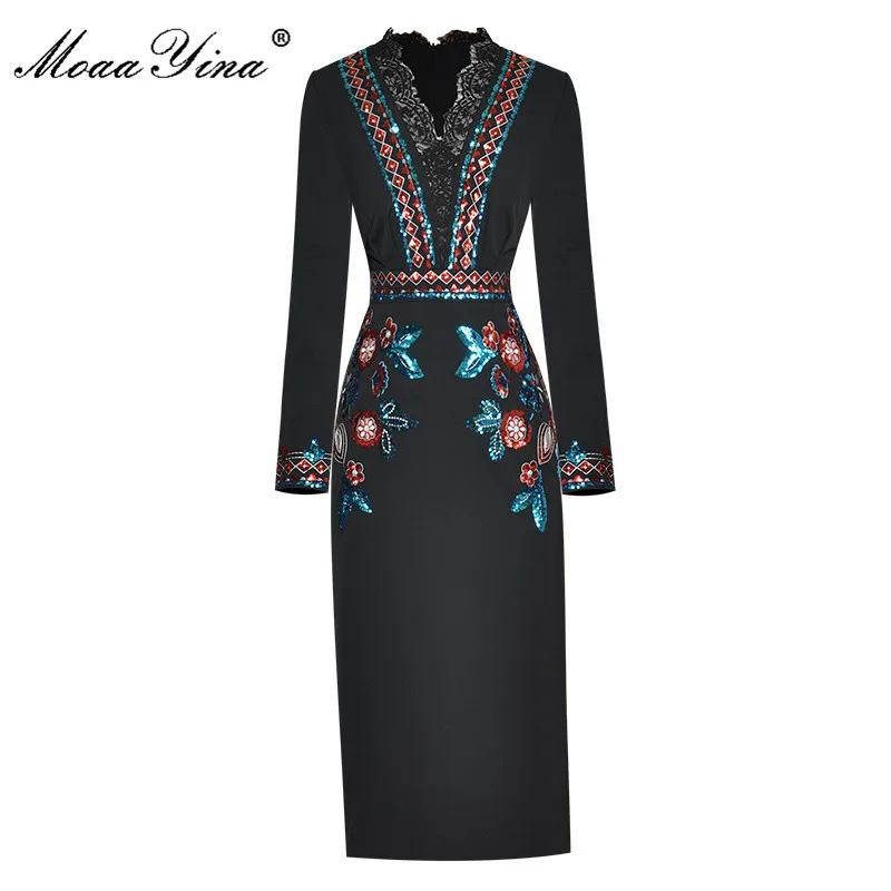 

MoaaYina Fashion Runway Autumn Balck Dress Women's V-neck lace Long sleeve Luxury Sequin Embroidery Vintage Black Pencil Dress