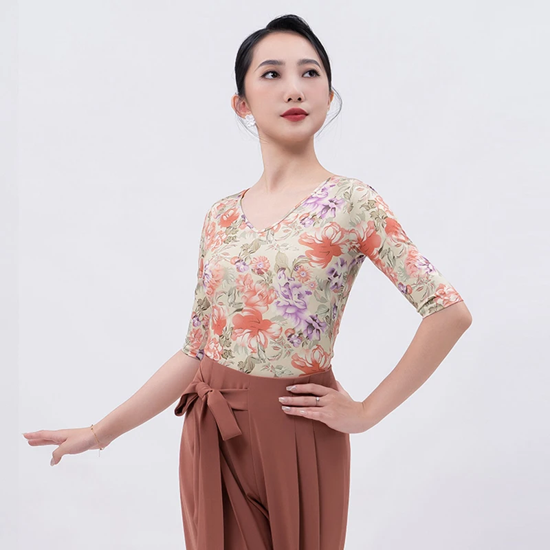 

Female Latin Dance Tops Half Sleeve Print Leotard Tango Ballroom Practice Wear Rumba ChaCha Dancing Performance Clothes YS4089