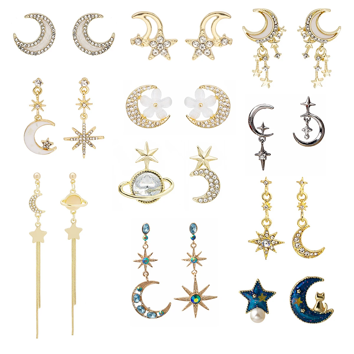 

Retro Star Moon pearl Earrings Moon Cat Hollow Crescent Asymmetric Tassel Ear Studs Vintage Ear Drops for Women New