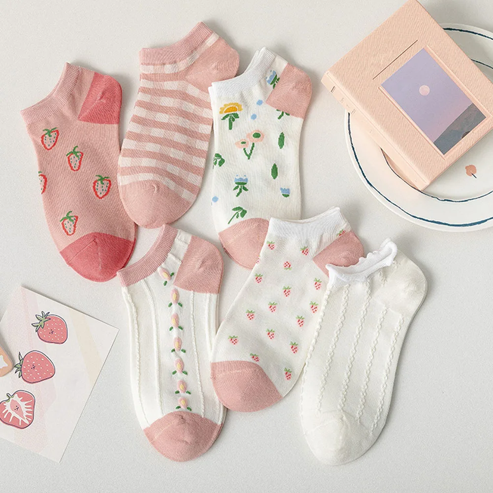 

Women Socks Set Cotton Striped Low Tube High Quality Casual Sport Girl Pink Strawberry Cow Crew Kawaii Cute Socks