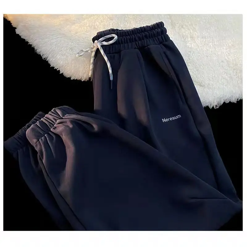 

Серые флисовые зимние брюки-оверсайз с вышивкой букв, женские шаровары, уличные брюки, уличные студенческие повседневные брюки с высокой талией