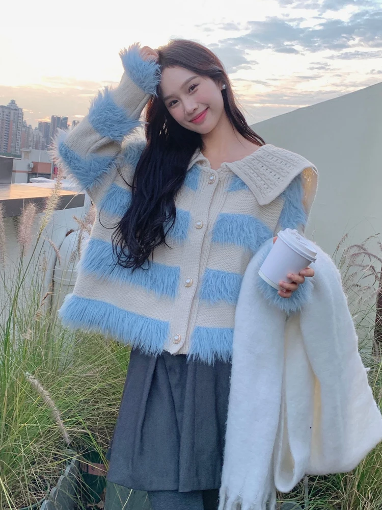 Женский винтажный свитер в полоску элегантный однобортный трикотажный