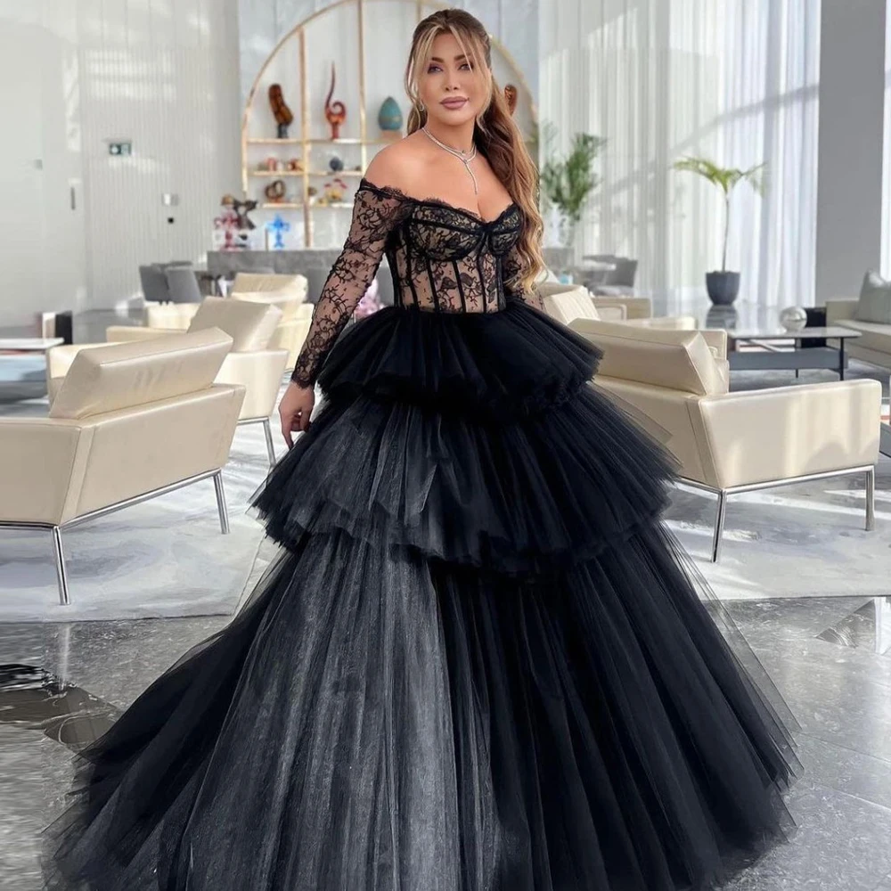 

Off Shoulder Black Lace Tulle Ball Gown See Through Layered Floor Length Evening Dress Puffy Black Ruffled Prom Dresses Elegant