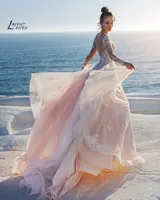 LAYOUT NICEB Blush Pink Boho Wedding Dress 2022 Lace Appliques Long Sleeves A-Line Princess Tulle Bridal Gowns Vestido