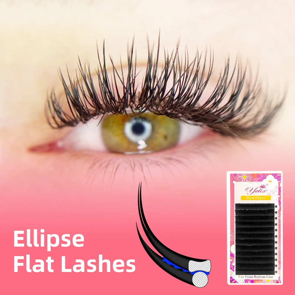 Yelix Cils Ellipse Flat Lashes Mix Soft Two Split-tips Dark Black Eyelash Extension Cashmere Eyelashes Lash Extension Supplies