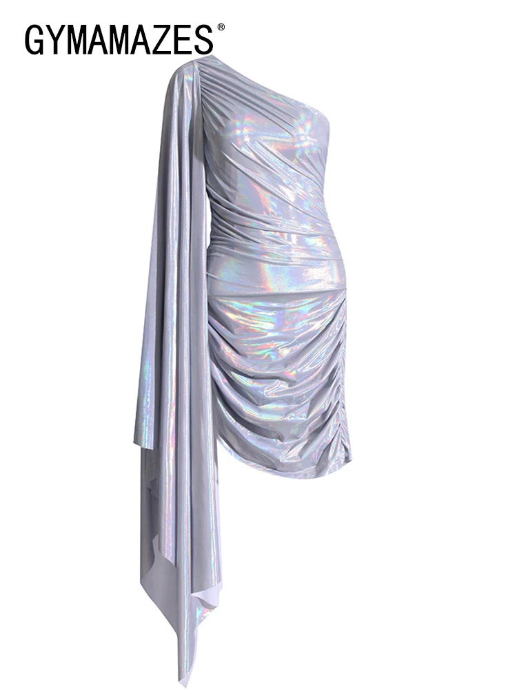 

GYMAMAZES Solid Asymmetrical Dress For Women Diagonal Collar One Shoulder Sleeve High Waist Patchwork Folds Sexy Dresses Female