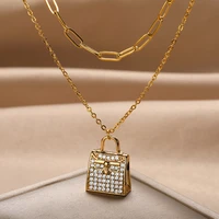 fashion creative retro rhinestone handbag shape crafts necklace women jewelry double layered pin chain bag design charm choker