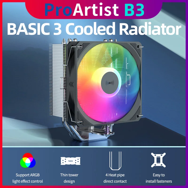 

ProArtist Basic3 Air CPU Cooling Fan 3Pin Quiet Ventilador 4 Heat Pipes PC Fan Intel LGA 1200/1700/AM4 PWM ARGB Radiator Cooler