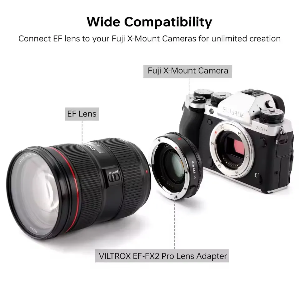 Фото VILTROX EF-FX2 Pro Адаптер объектива с автофокусом и уменьшением фокусного расстояния 0.71x для объективов Canon EF на камеры с байонетом Fuji X. №1