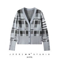 tb plaid pattern stripe fashion design top womens spring and autumn new style knitted sweater cardigan coat
