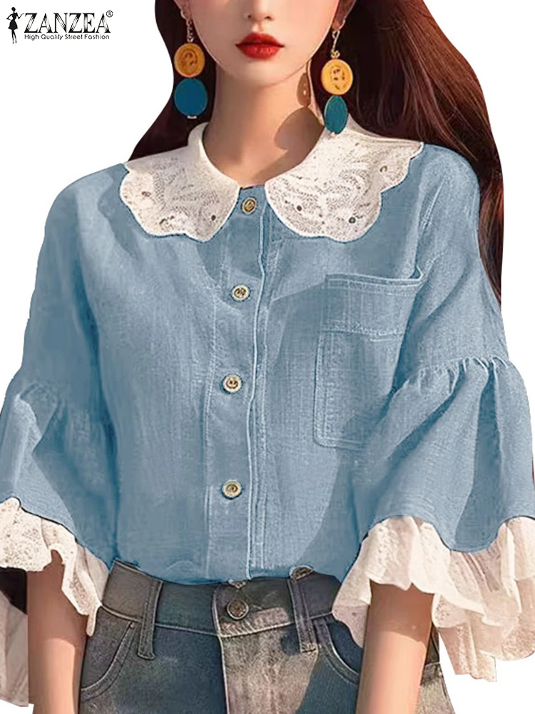 2024 женские расклешенные рубашки с рукавами 3/4 ZANZEA корейские модные однотонные