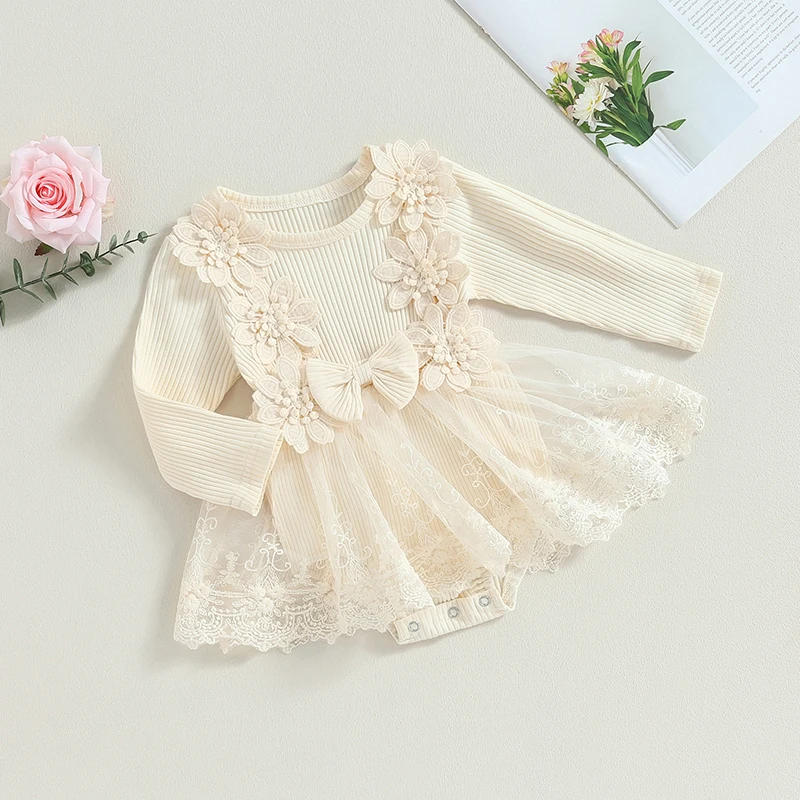 

Princess Lace Floral Baby Girls Romper Dress Kids Party Costume Long Sleeve Rib Bow Tulle Patchwork Bodysuit Outfits for Toddler