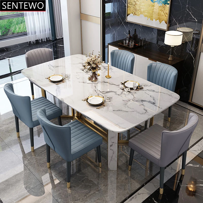 

SENTEWO Ltalian Luxury Marble Kitchen Dining Table With 6 Chairs Set Stainless Steel Golden Frame Furniture Cadeiras De Jantar