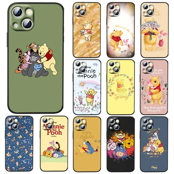 

Cute Disney Winnie Bear For iPhone 14 13 12 11 Pro Max XS Max X XR 7 8 Plus 6S 5S Silicone Black Shell Phone Case