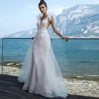 tulle v neck mermaid wedding dresses 2022 ruffles sleeveless lace appliques beach bridal gown sweep train open back custom made