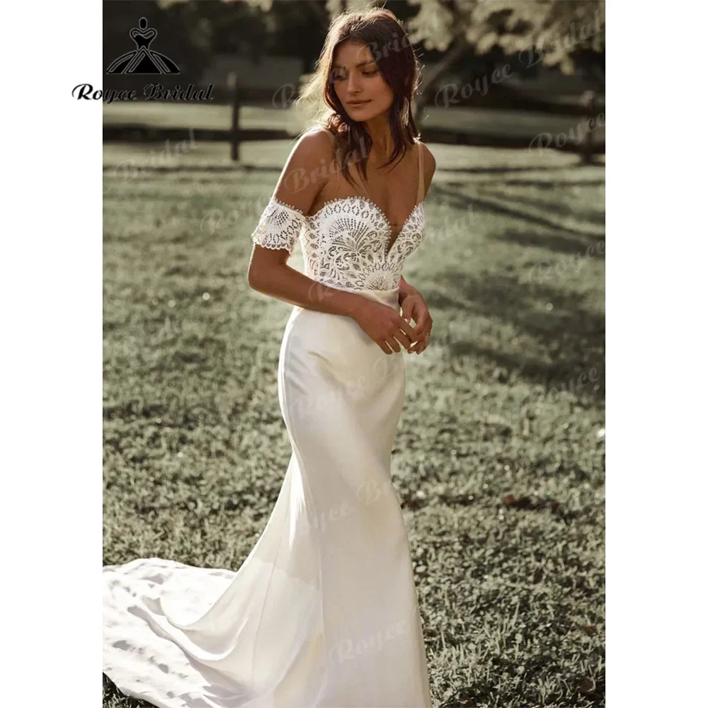 Кружевное атласное свадебное платье русалки с открытыми плечами в стиле бохо 2021