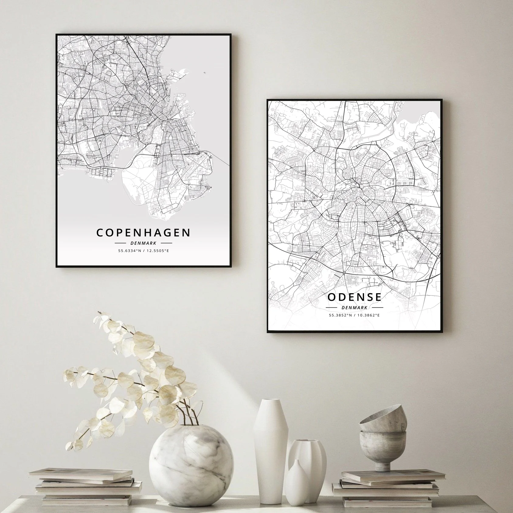 Копенгаген Дания Odense черно-белая печать карта Декор для дома Рама |
