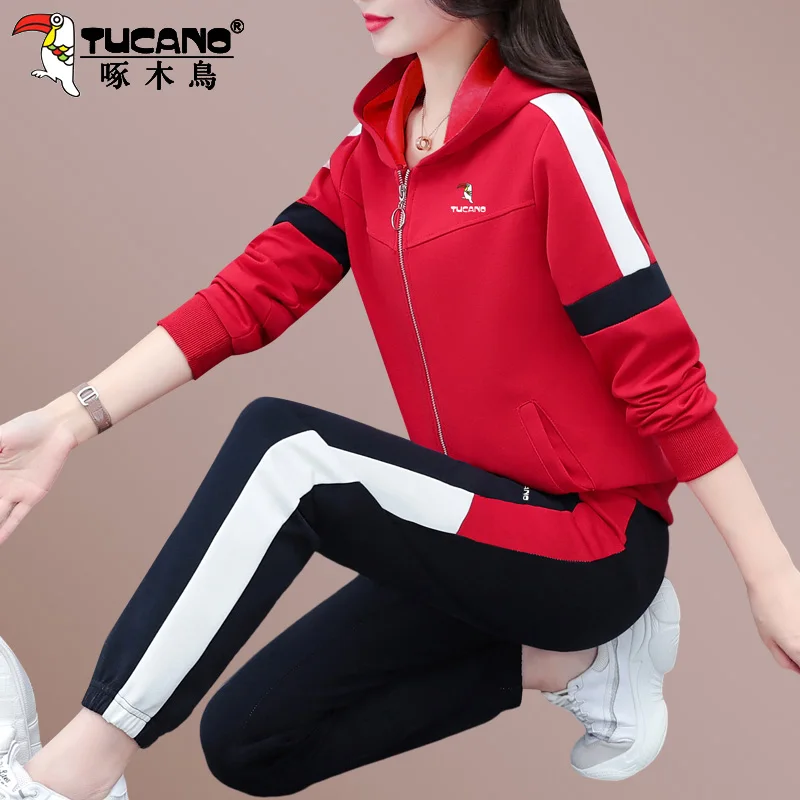 Woodpecker Autumn Sports Set Women 2023 New Spring and Loose Western Sle Mom Hoodie Two-piece