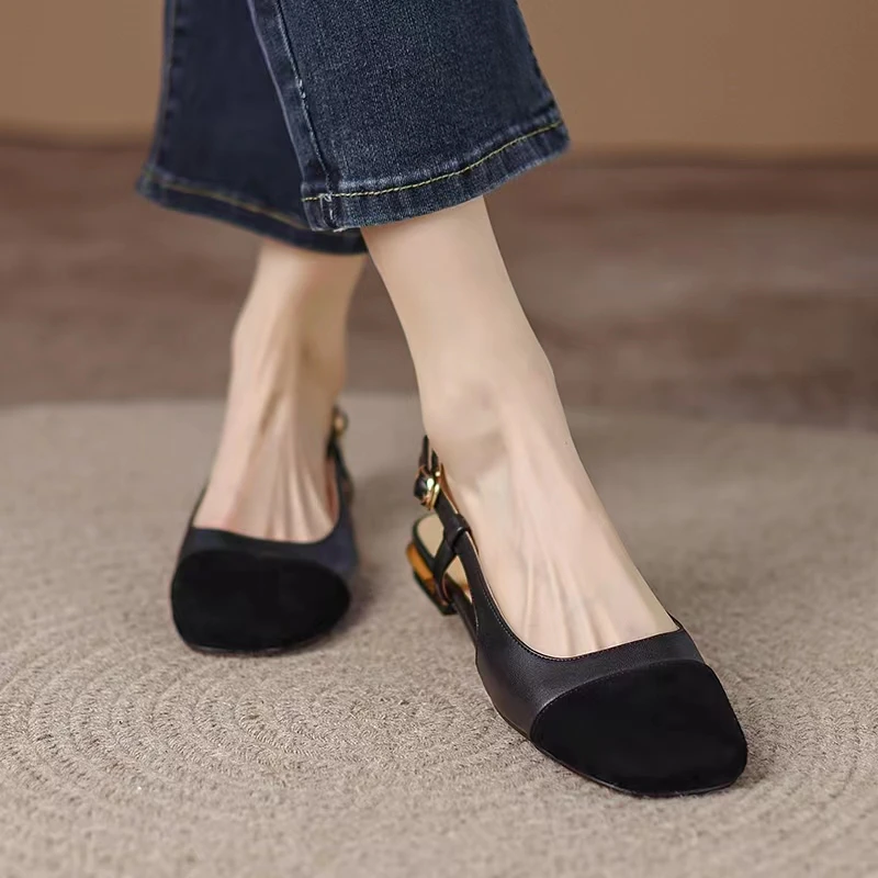 2022 Spring Autumn Round Toe Basic Pumps Women's 2cm Low Heels Fashion Retro Elastic Strap Slingback Summer Sandals Work Shoes