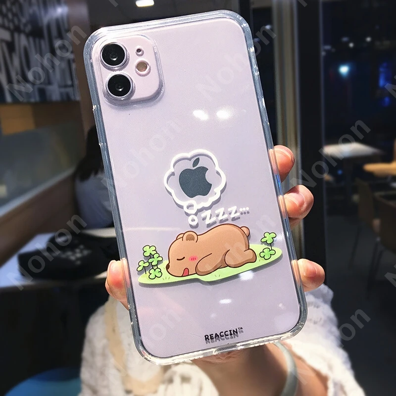 

Cute Cartoon Animal Bear Clear Phone Case For iPhone 13 Pro Max 12 Mini 11 X XS XR 7 8 Plus Couple Transparent Soft casing