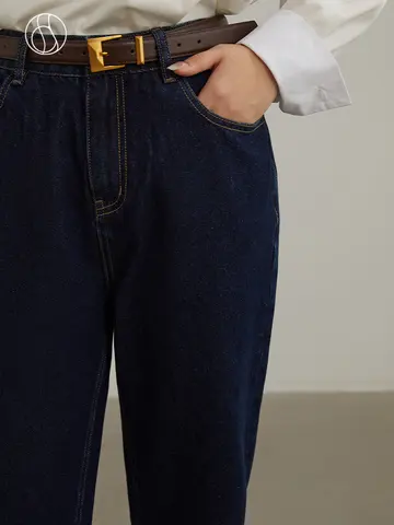 DUSHU【Clearance Sale】Women Original Wash High Waist Jeans Dark Blue Denim Cropped Tapered Pants Winter New Cotton Casual Jean