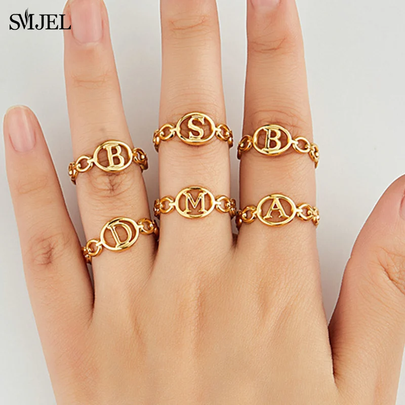 

100% Stainless Steel Hollow 26 A-Z Letter Rings Women Vintage Initial Alphabet Name Open Ring Jewelry Couple Friend Gifts