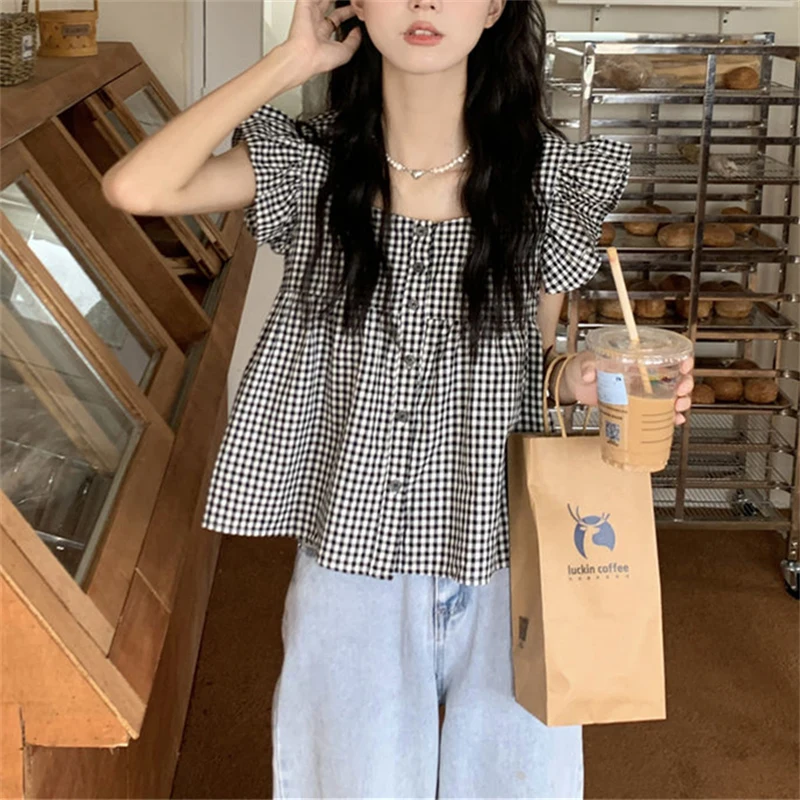 

Women's Black Plaid Small Fly Sleeved Loose Fitting Shirt New Summer Vintage Chic Female Backless A-line Red Pullover Top