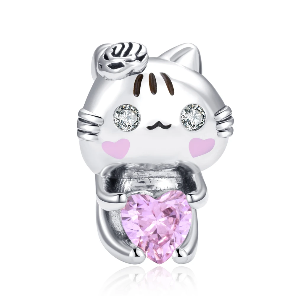

PANQDIY Love Lucky Cat Bead S925 Sterling Silver Pink Enamel Hello Kitty Charm Fit Original Bracelet Diy Jewelry Making Gift