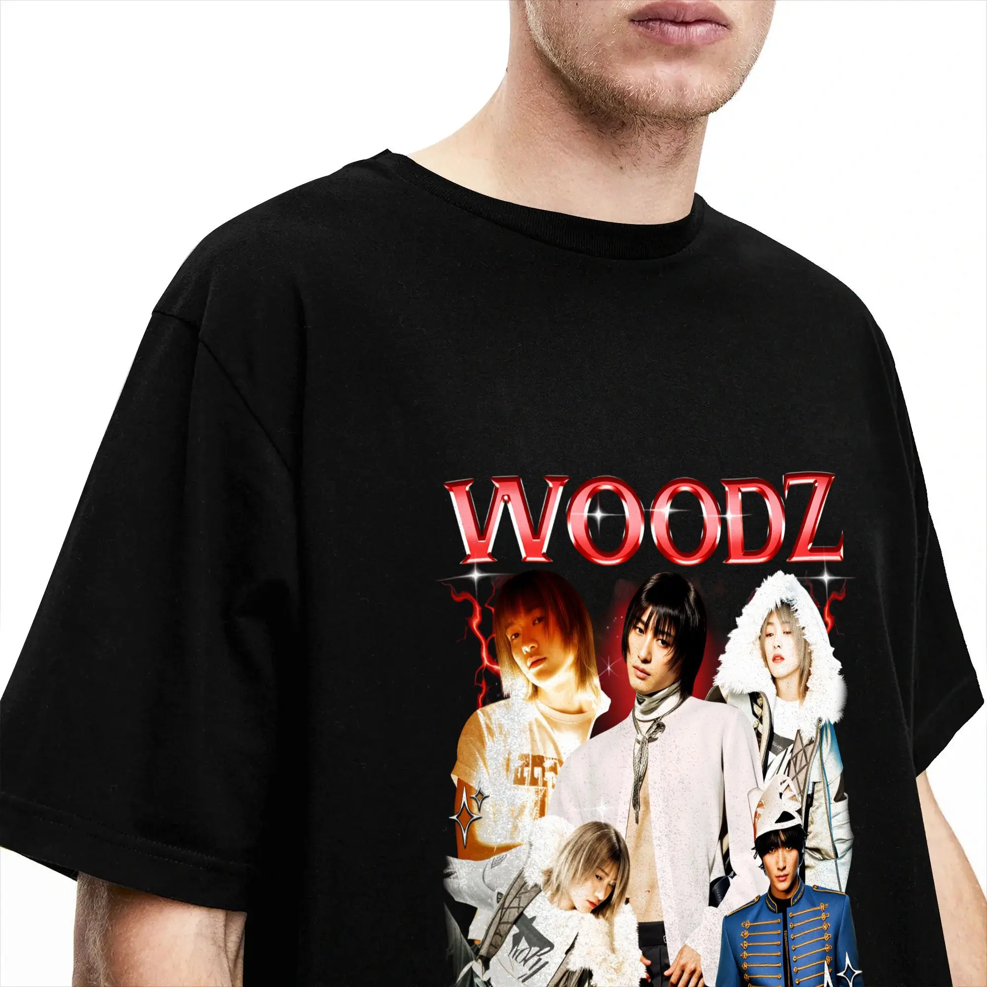Фото Футболки WOODZ World Tour для мужчин, модная хлопковая футболка с круглым воротником и короткими рукавами, одежда больших размеров №3