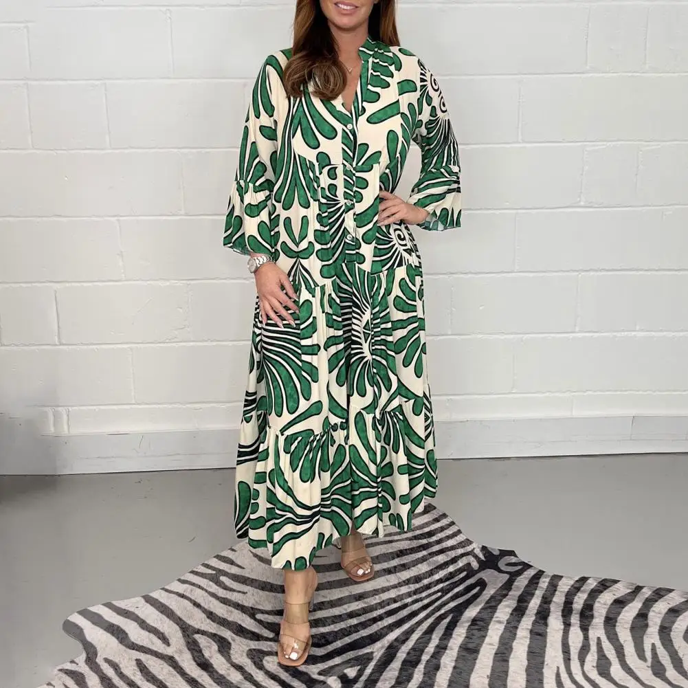 

Women Maxi Dress Ninth Sleeves Contrast Color Vintage Print Oversized Patchwork Ankle Length Button Decor High Waist Lady Ankle