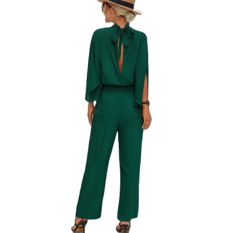 WAYOFLOVE Ladies Spring Summer Casual Jumpsuit Women Cloak Sleeves STAND Neck Jumpsuits Party Solid Color Woman Jumpsuit Elegant