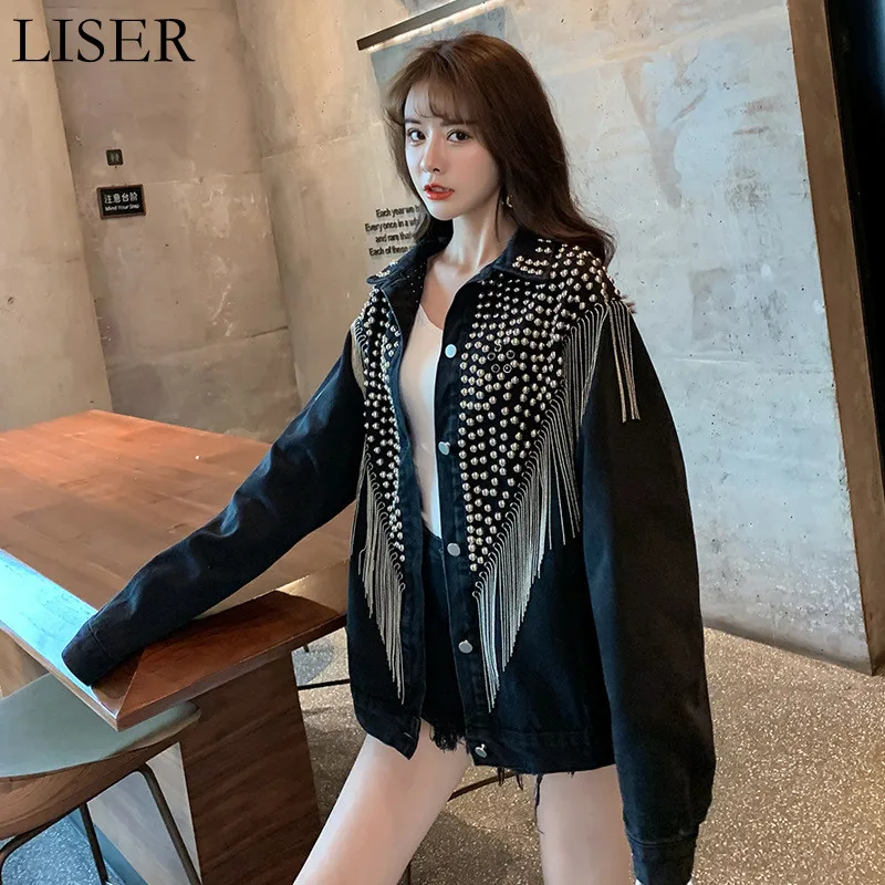 

Fashion Tassel Heavy Work Diamond Rivet Stitching Denim Jacket 2022 Spring New Loose Black Blue Denim Jacket Women LL848