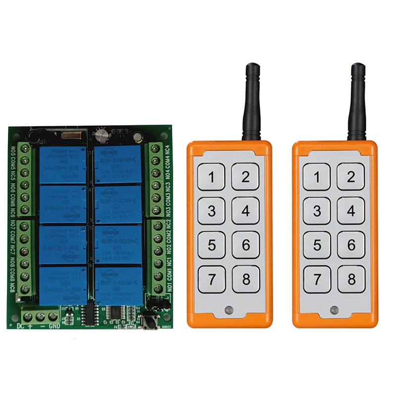 

20-1000m DC 12V 8 CH Channels 8CH RF Wireless Remote Control Switch Remote Control System receiver transmitter 8CH Relay 433 MHz
