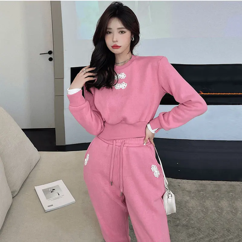 Women Spring and Autum 2 Piece Set Pink Tracksuit With Pearls Hight Waist Slim Sprotwear Sets Long Sleeve Sweatshirt and Pants
