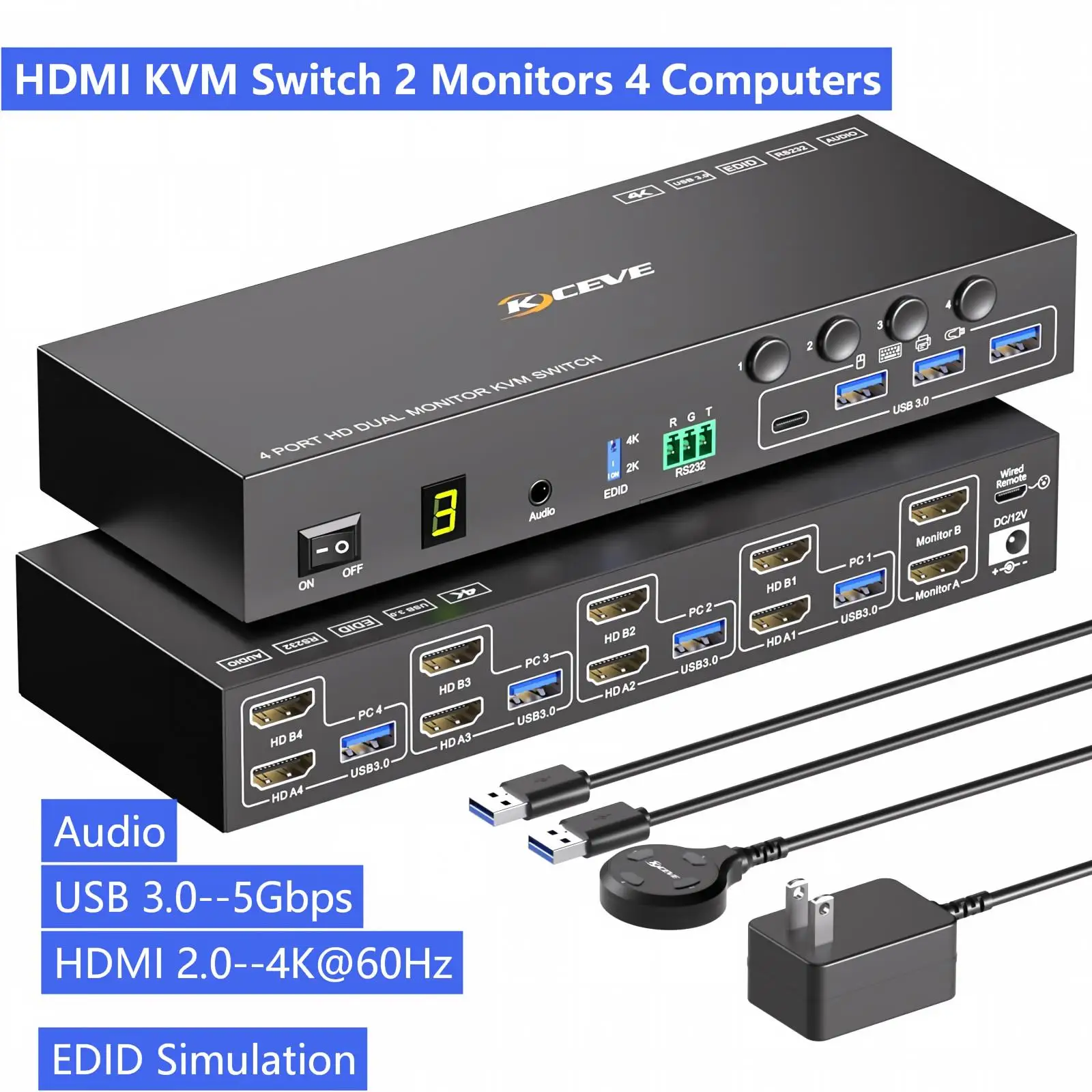 Фото HDMI KVM-переключатель для 2 мониторов и 4 компьютеров, 4K@60Hz/8K@60Hz, с имитацией EDID, 4-портовый KVM-коммутатор для двух мониторов с 4 портами USB 3.0 №1