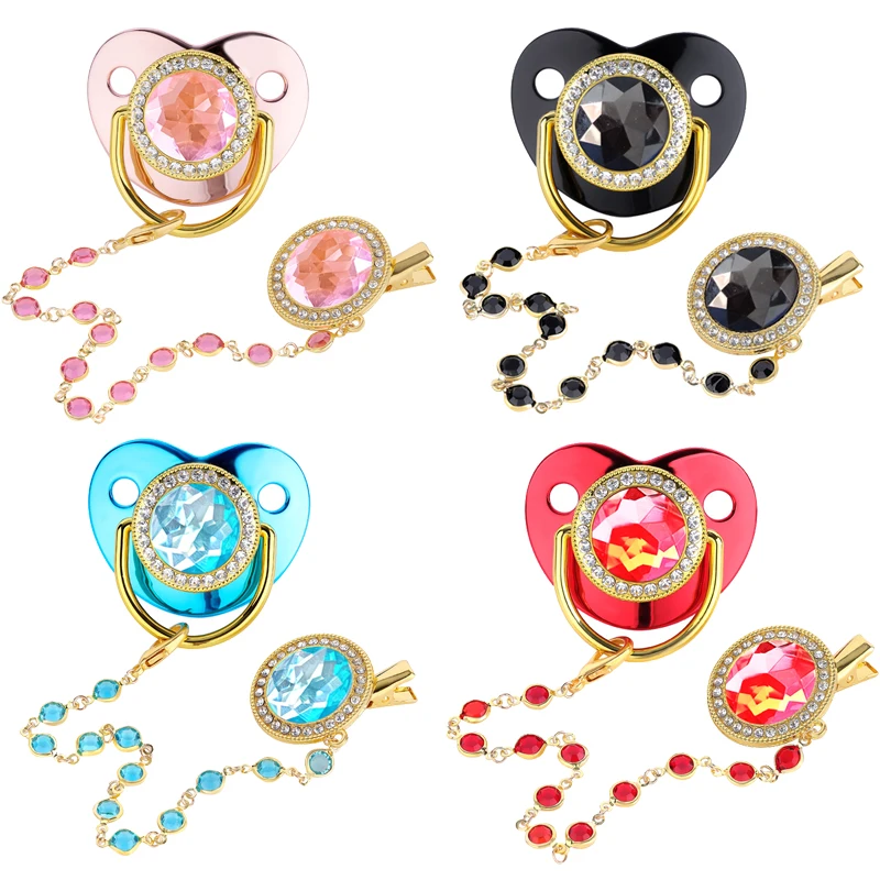 

Luxury Diamond Baby Pacifier with Clips BPA Free Silicone Infant Nipple Gold Bling Newborn Baby Dummy Soother Pacifier for 0-18M