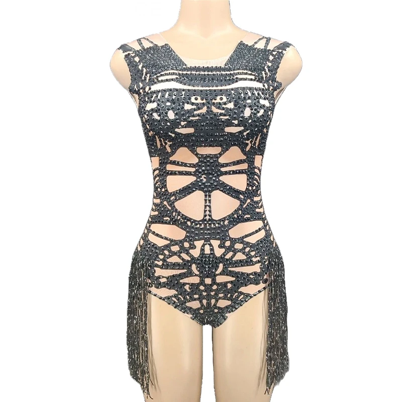 

Стразы сексуальное женское эластичное боди без рукавов с блестящими кристаллами и кисточками для ночного клуба