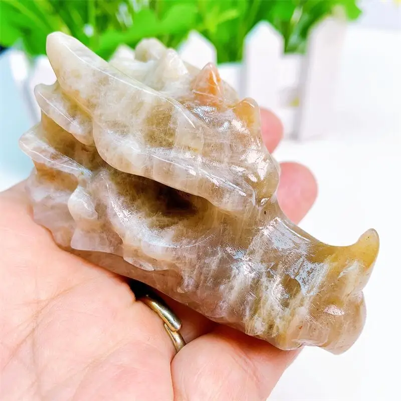 8 см натуральный лунный камень дракон Череп резьба лечебный кристалл Мощный