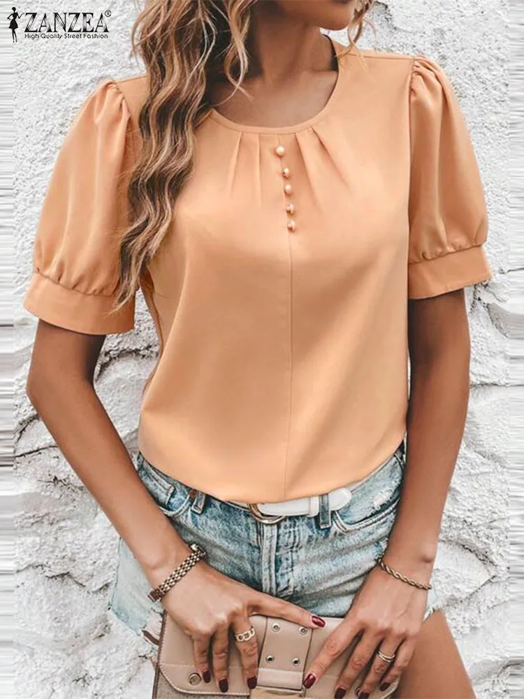 

Женские однотонные винтажные топы ZANZEA, Свободные плиссированные туники, модная Праздничная блузка с круглым вырезом, повседневные свободные рубашки с пышными короткими рукавами
