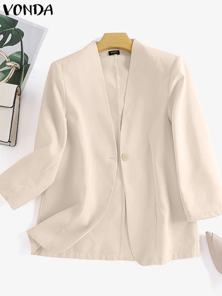 VONDA Elegant Coats Women Office Blazer 2023 Summer Fashion Sexy V Neck Casual Solid Color Coats Female Coat Streetwear