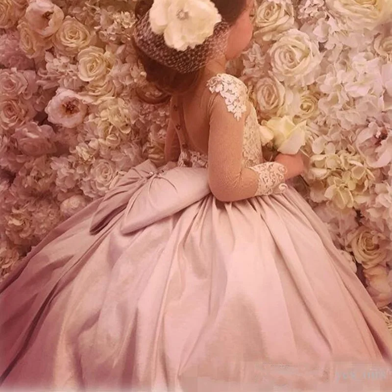 

New Kids Flower Girls Dresses for Wedding Sheer Long Sleeves Lace Party Birthday Children Communion Pageant Dresses for Girls