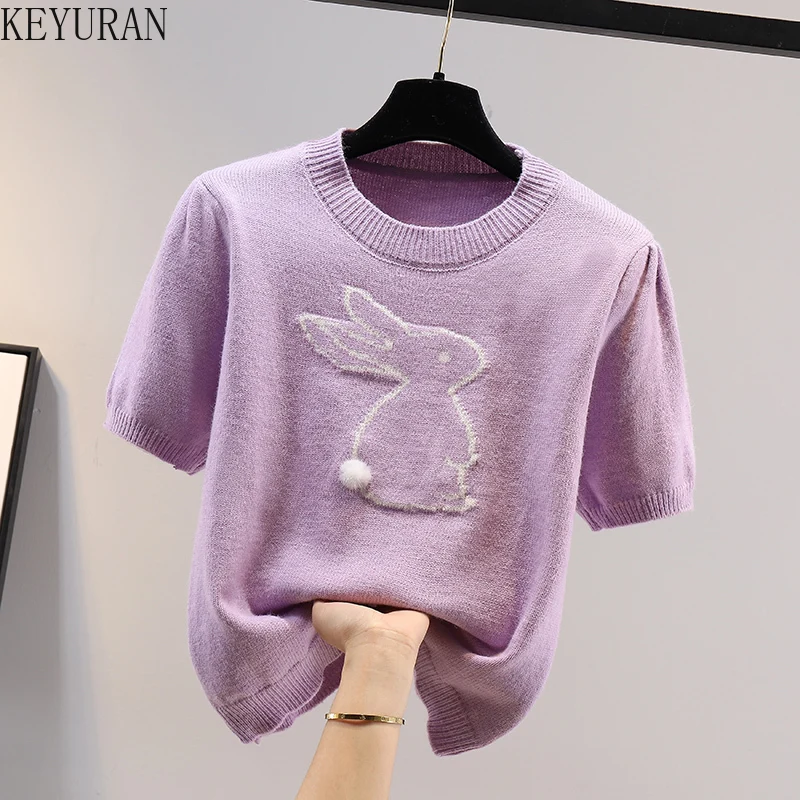 

Purple Rabbit Short Sleeve Sweater Women's Knitted T Shirts Spring/Summer 2022 New Puff Sleeve Slim Crop Top Female