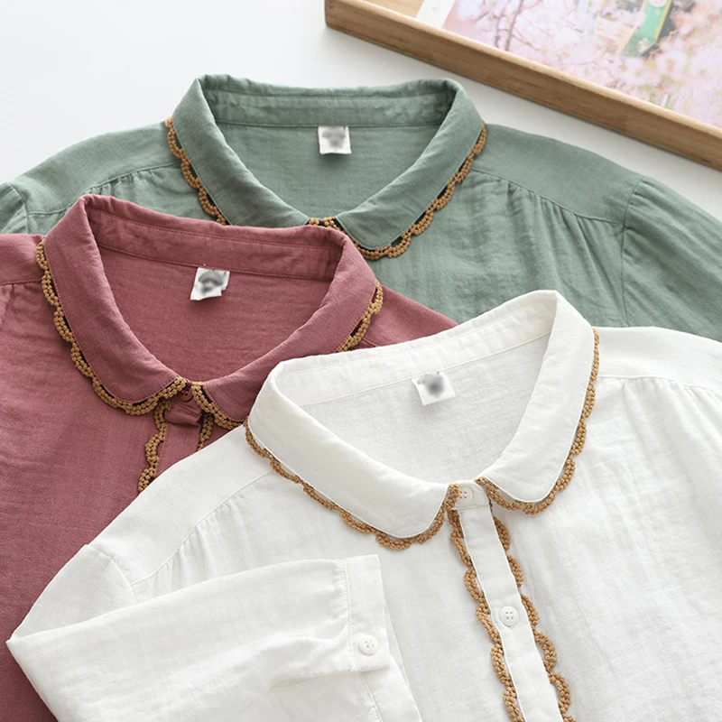 

Летняя Повседневная Милая Кружевная двухслойная Хлопковая женская рубашка с рукавом до локтя и отложным воротником, тонкие женские блузки для шоу, U051