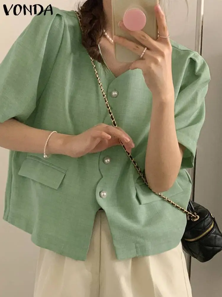 

Рубашки женские повседневные блузки VONDA с буффами на воротнике модные летние Гофрированные Топы 2023 пикантная однотонная женская туника с коротким рукавом мешковатая