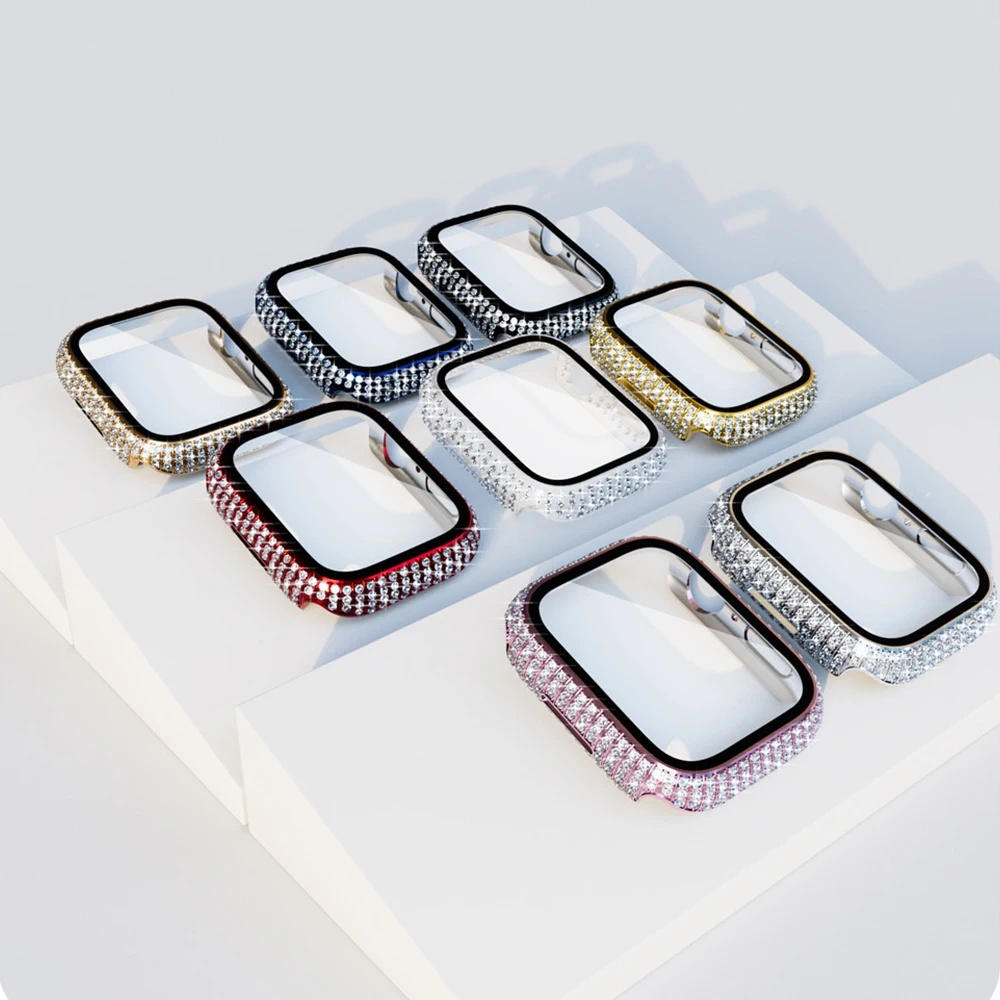 41mm 45mm Diamond Watch Case Built-in Tempered Glass for Apple Watch 8 7 PC Screen Protector Bumper Tempered iwatch Accessories