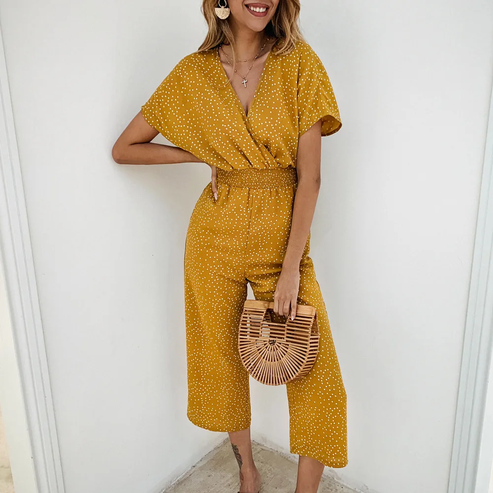 

Polka Dots Women Jumpsuits Rompers Summer Casual Print V-neck Pocket Overalls Jumpsuit Short Sleeve Wide Leg Loose Jumpsuit