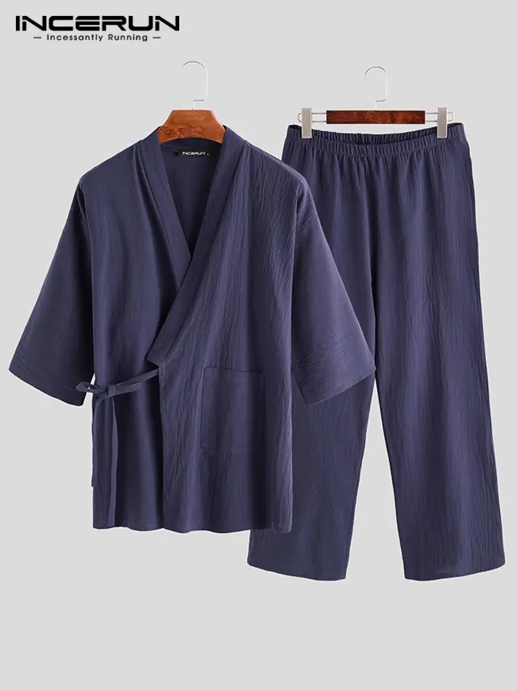 INCERUN Japan Style Mens Kimono Pajamas Suits Robe Gown 2Pcs/Set Bathrobe Male Sleepwear Loose Cotton Comfortable Pajamas Hombre