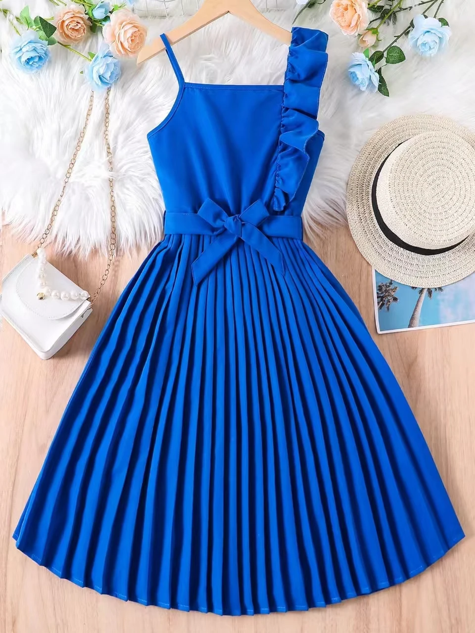 Летнее кружевное однотонное плиссированное платье без рукавов с одним плечом и