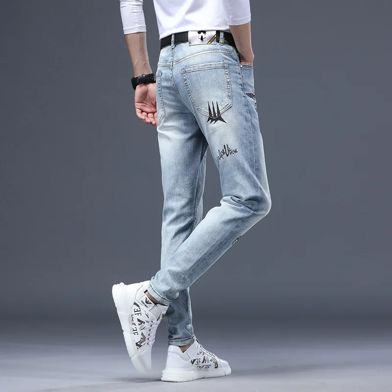 Jeans men Korean pants slim feet stretch light blue summer hot diamond printed casual denim pants men