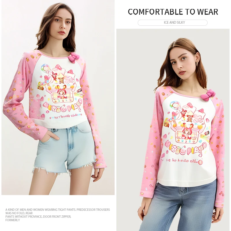 Японская субкультура милая футболка с мультяшным принтом осенняя новая бантом и